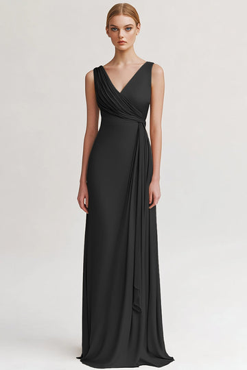 Black Satin V Neck Sheath Ruched Long Formal Dress